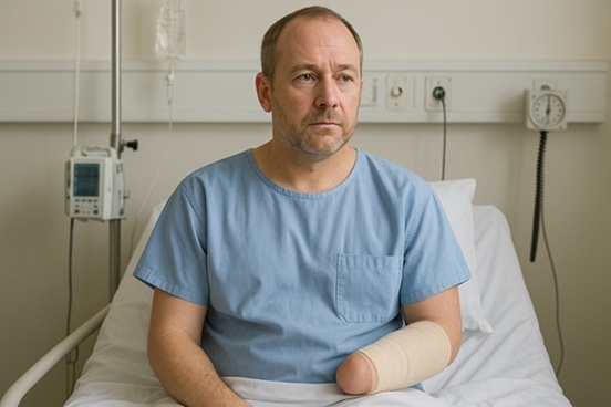 Adult male patient recovering from a catastrophic amputation injury in a hospital room with medical equipment visible.